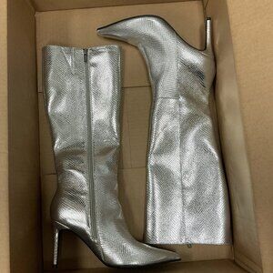 GUESS Richee Knee High Boots Silver Pointy Toe Stiletto Heel 9.5M MSRP $139